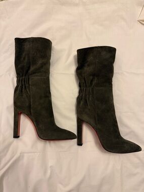 Santoni Olive Suede Mid-Calf Stiletto Boots